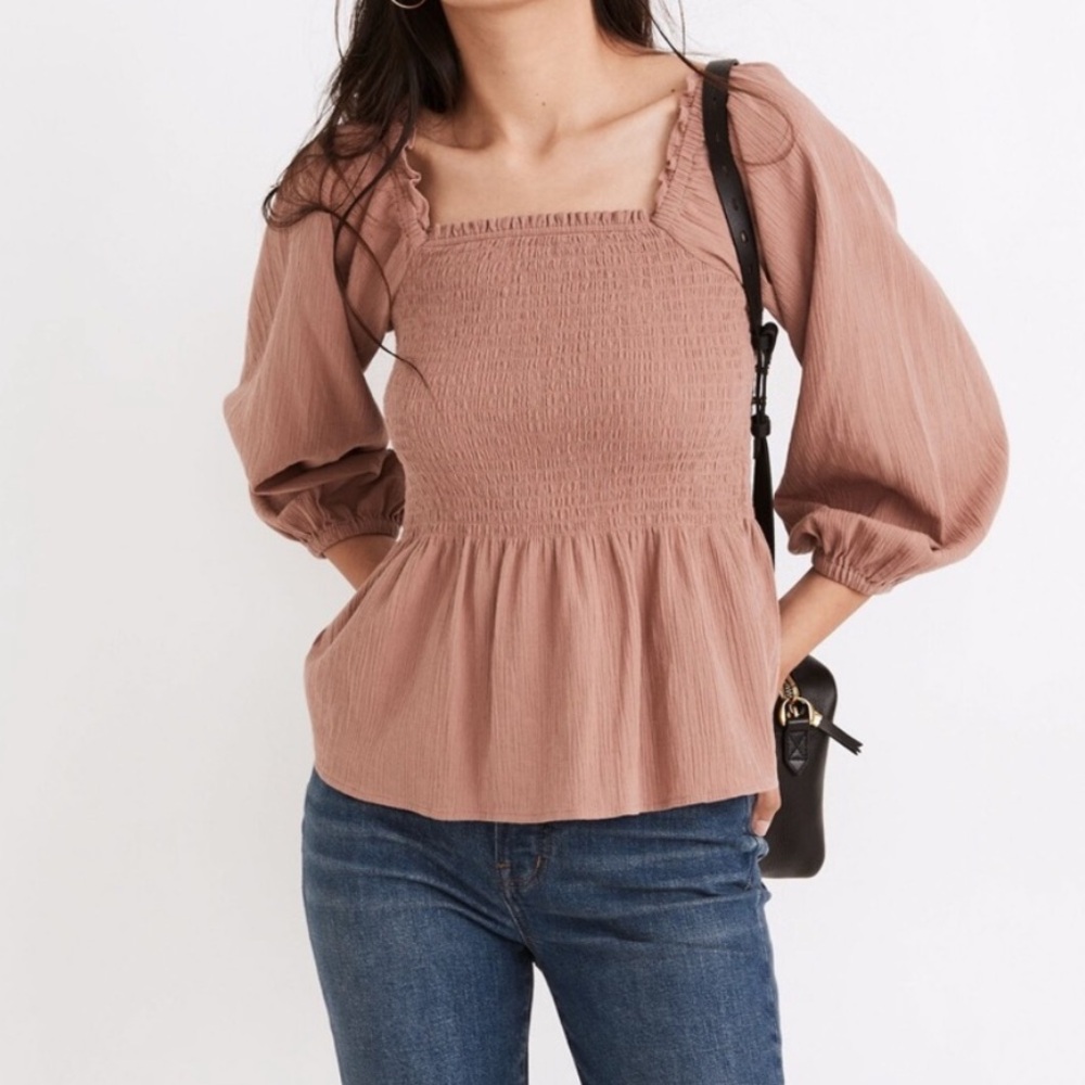 Madewell Lucie Smocked Peplum Top- Mauve